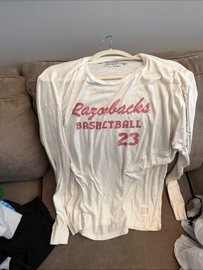 Original Retro Brand White Long-Sleeve Razorbacks Basketball Tee with Red Print